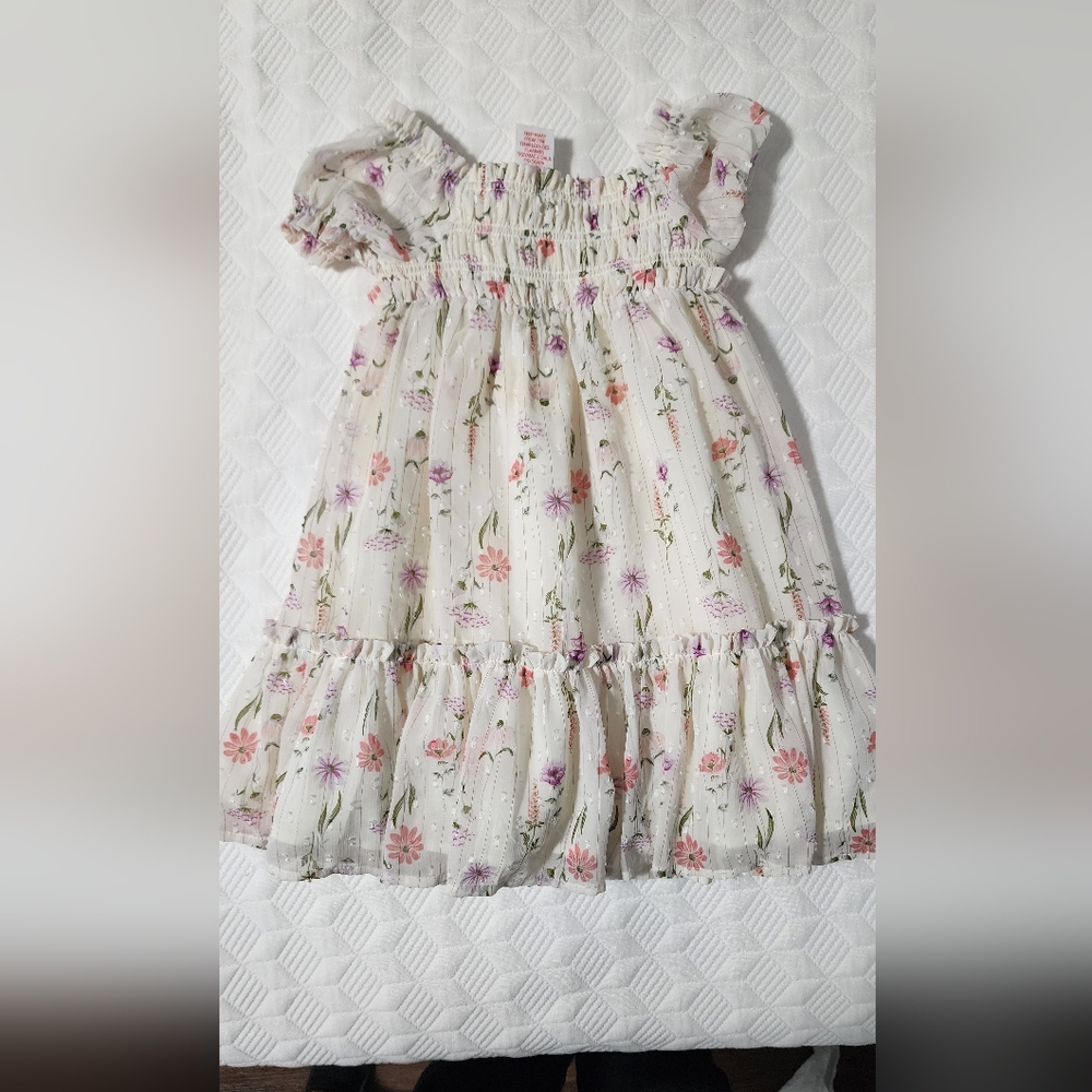 adidas Girls Floral Smocked White Dress with Pink & Purple Flowers